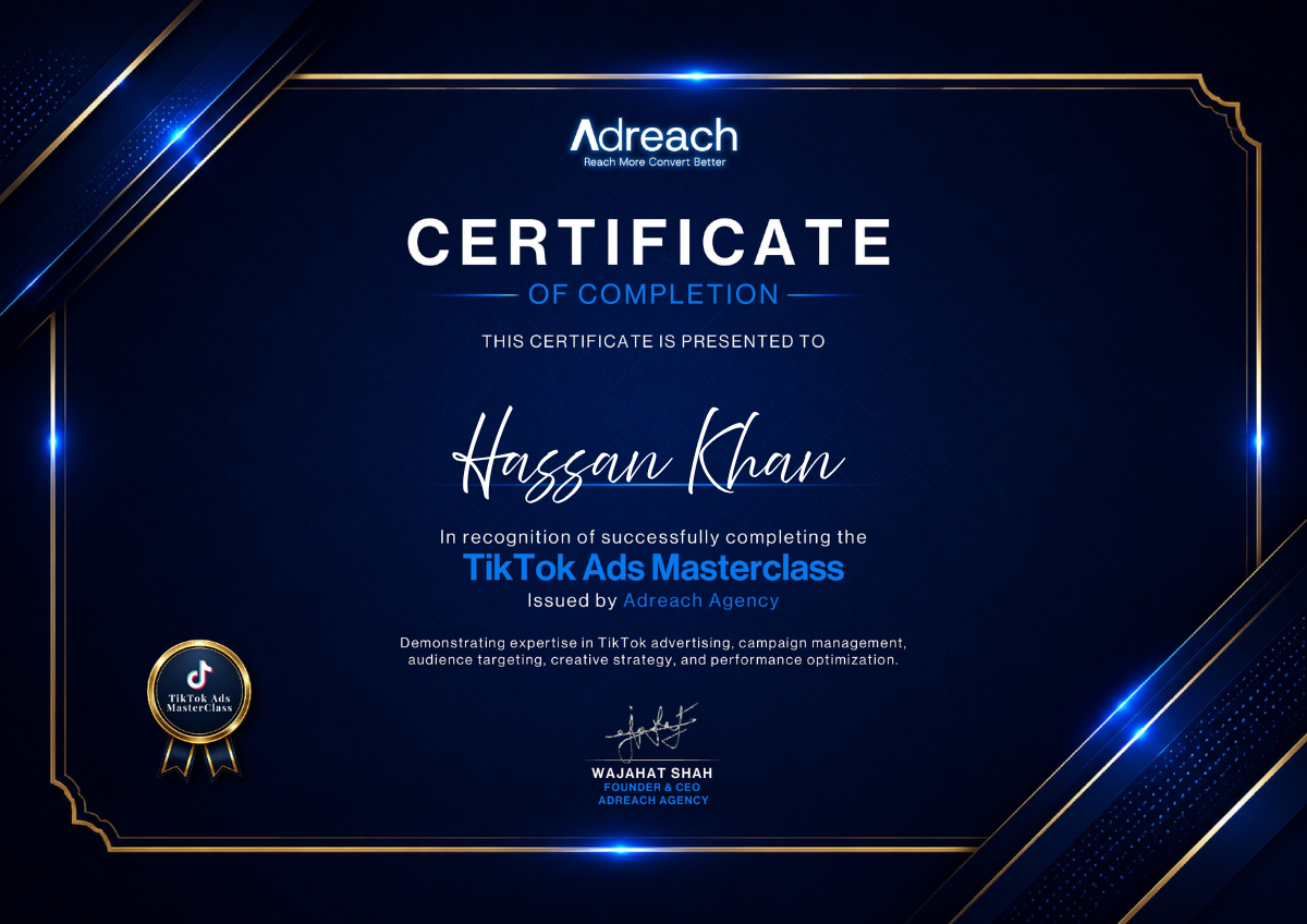Adreach Academy TikTok Ads course completion certificate preview